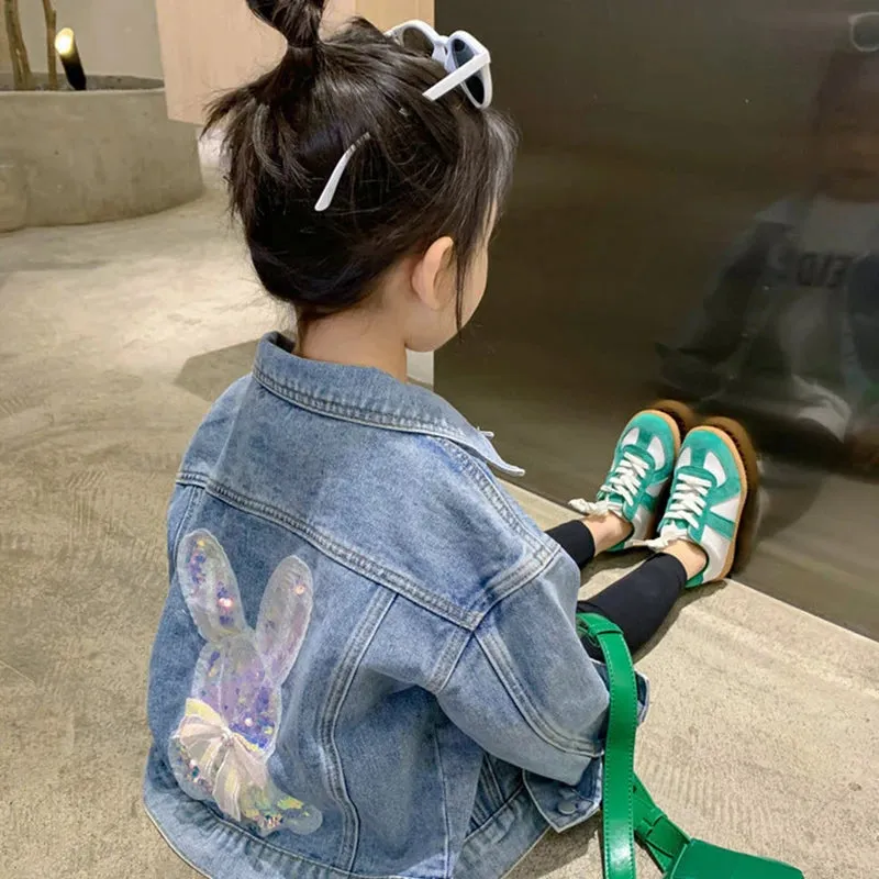 Adorable Rabbit Denim Jacket for Girls, Perfect Spring/Autumn Birthday Gift - Suitable for 1,2,3,4,5,6,8,10 Years Old Little Princess