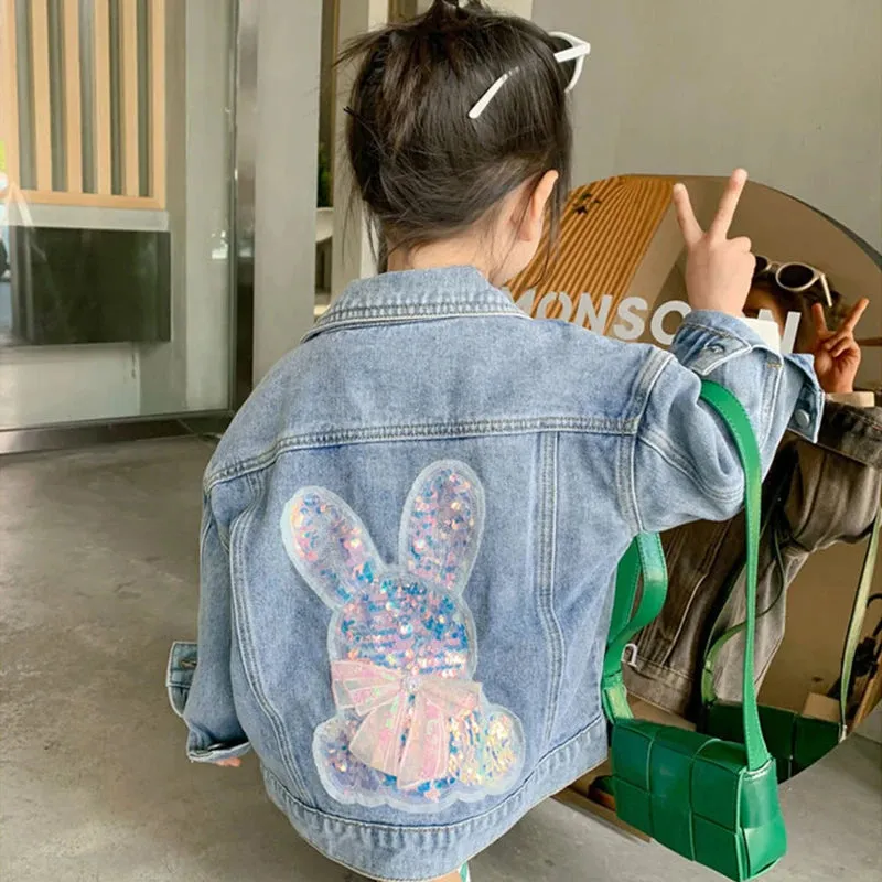Adorable Rabbit Denim Jacket for Girls, Perfect Spring/Autumn Birthday Gift - Suitable for 1,2,3,4,5,6,8,10 Years Old Little Princess