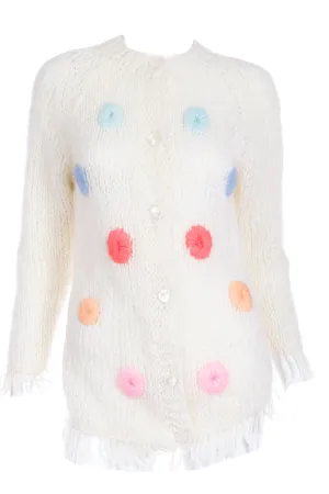 1970s Italian Mohair Blend Vintage Cream Sweater w Colorful Dots & Fringe