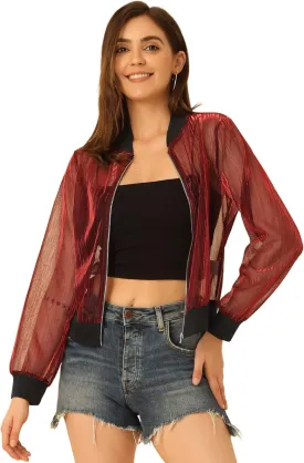 Allegra K Bomber Jacket for Women's Sheer Mesh Glitter Shiny Long Sleeve Zip Up Jackets