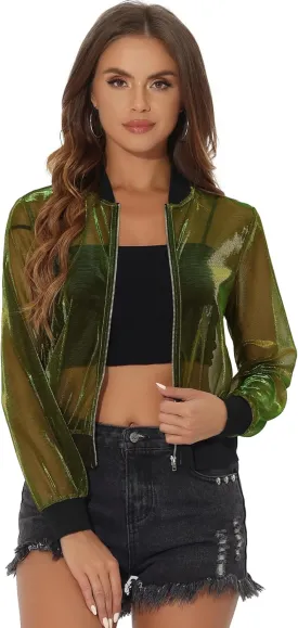 Allegra K Bomber Jacket for Women's Sheer Mesh Glitter Shiny Long Sleeve Zip Up Jackets