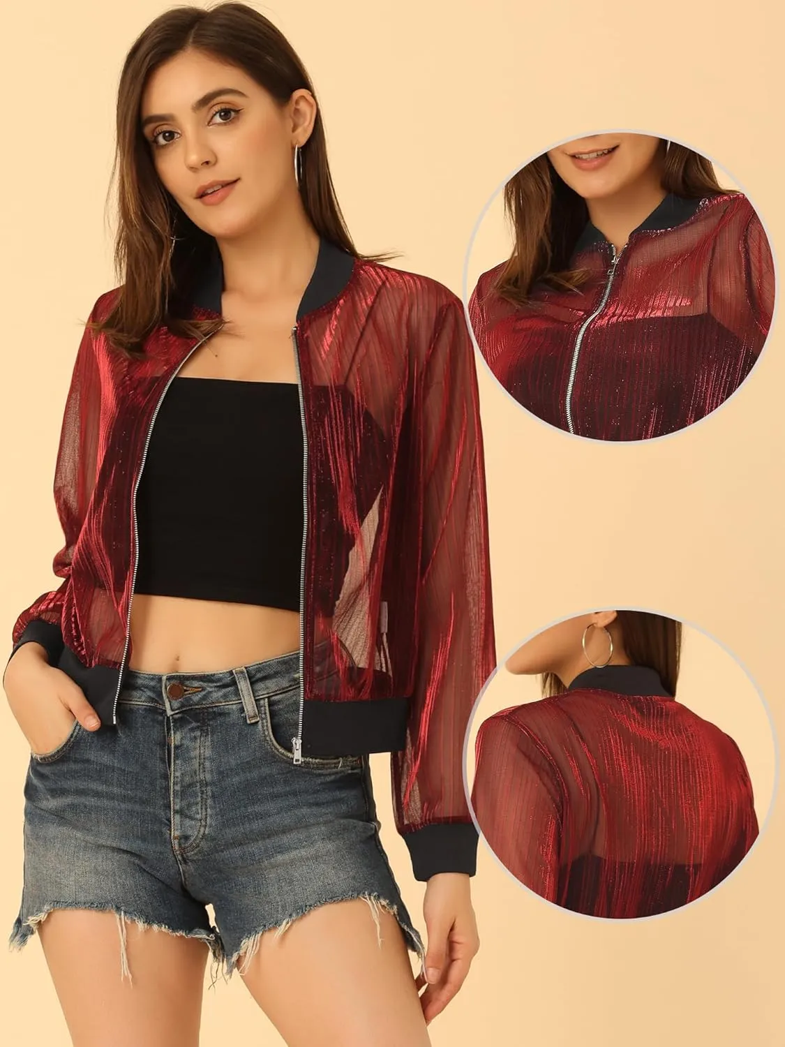 Allegra K Bomber Jacket for Women's Sheer Mesh Glitter Shiny Long Sleeve Zip Up Jackets