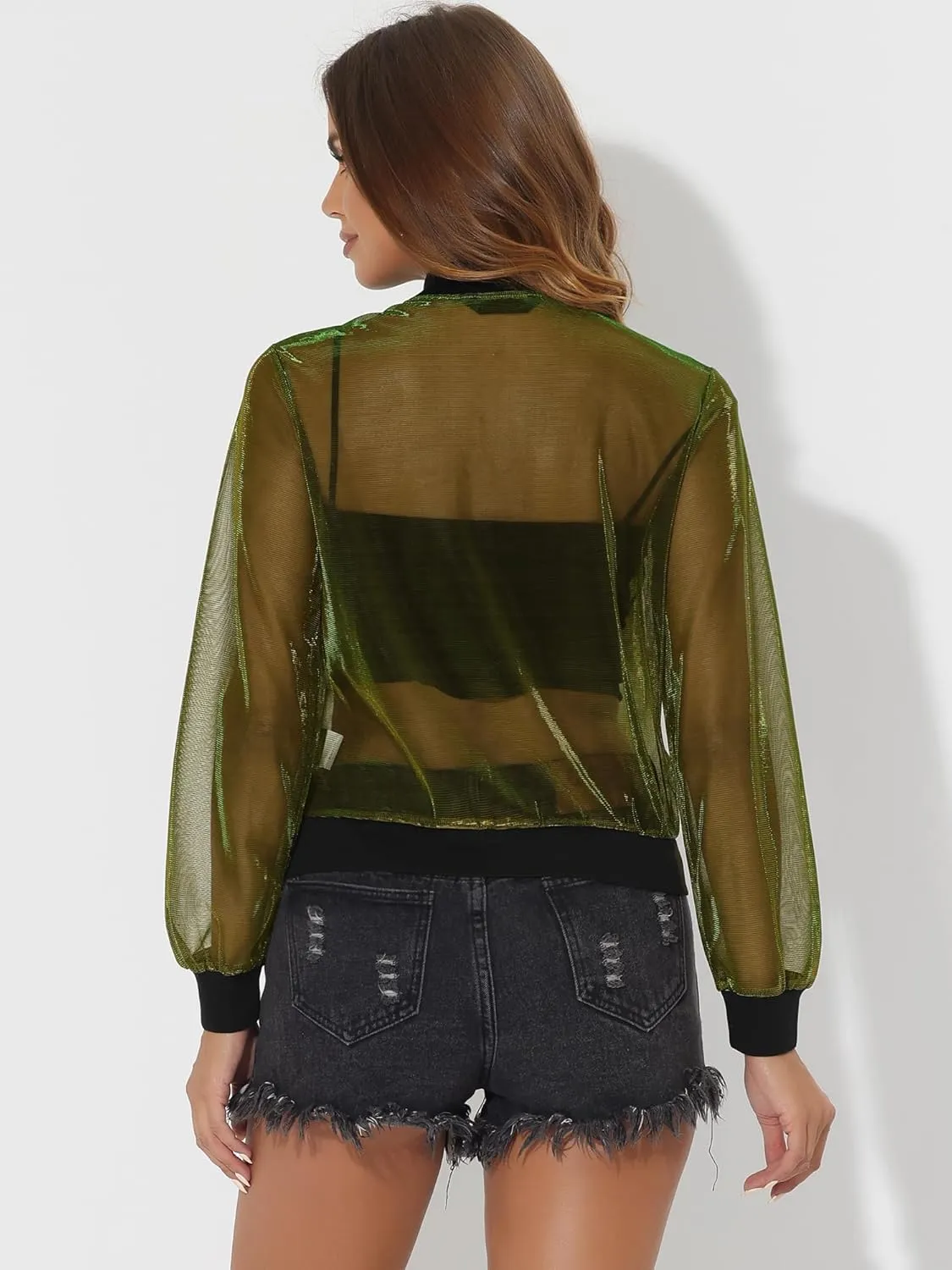 Allegra K Bomber Jacket for Women's Sheer Mesh Glitter Shiny Long Sleeve Zip Up Jackets