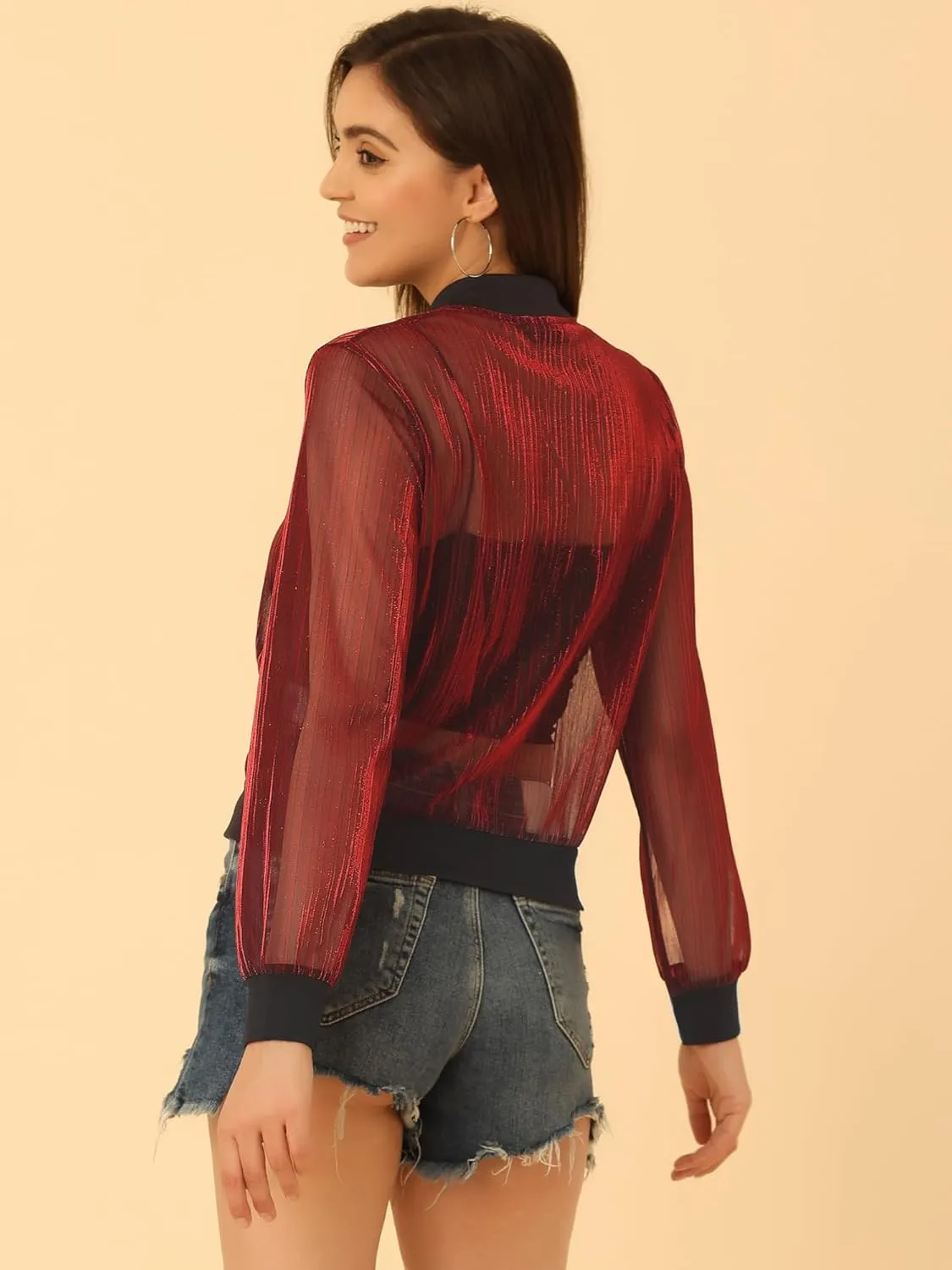 Allegra K Bomber Jacket for Women's Sheer Mesh Glitter Shiny Long Sleeve Zip Up Jackets