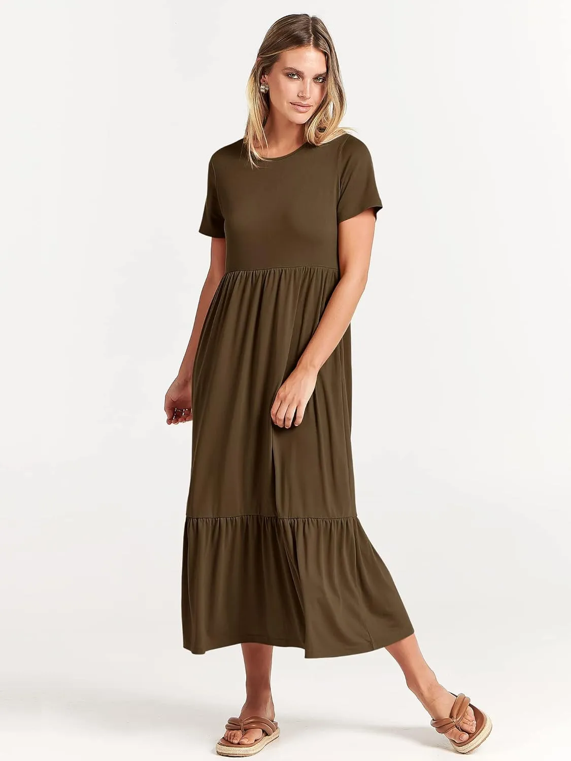 ANRABESS Womens 2025 Summer Casual Maxi Dress A line Tiered Flowy Short Sleeve Crewneck T Shirt Beach Travel Long Dresses