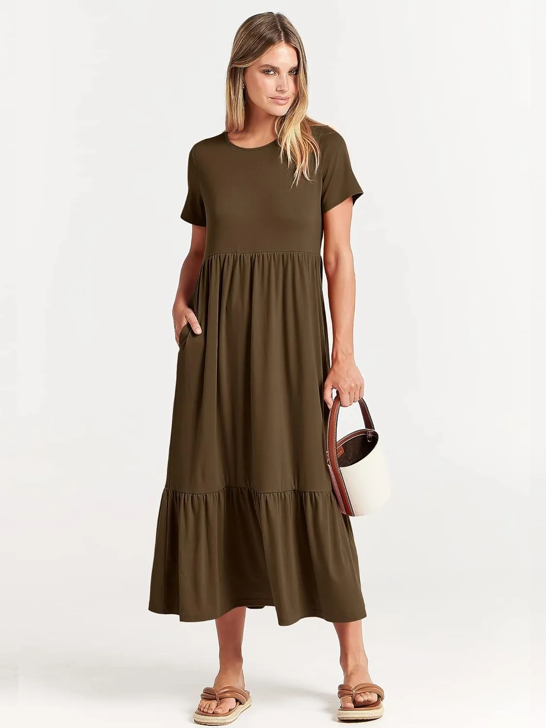 ANRABESS Womens 2025 Summer Casual Maxi Dress A line Tiered Flowy Short Sleeve Crewneck T Shirt Beach Travel Long Dresses