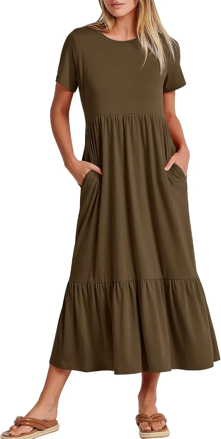 ANRABESS Womens 2025 Summer Casual Maxi Dress A line Tiered Flowy Short Sleeve Crewneck T Shirt Beach Travel Long Dresses