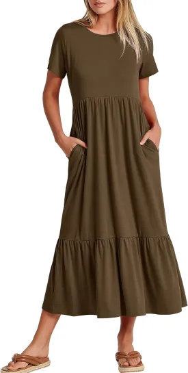 ANRABESS Womens 2025 Summer Casual Maxi Dress A line Tiered Flowy Short Sleeve Crewneck T Shirt Beach Travel Long Dresses