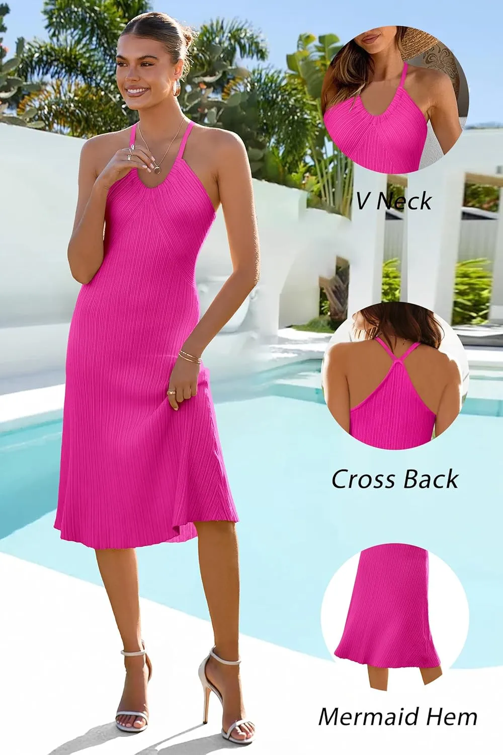 Arach&Cloz Women's Summer Dress 2025 Halter V Neck Sleeveless Ribbed Knit Casual Beach Vacation Outfits Midi Sundress