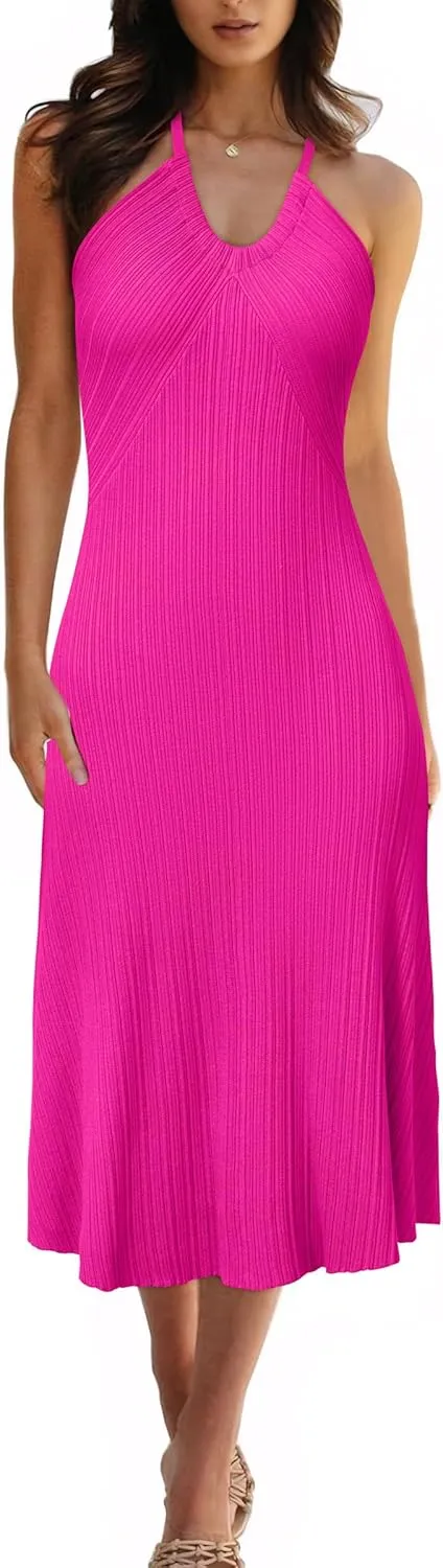 Arach&Cloz Women's Summer Dress 2025 Halter V Neck Sleeveless Ribbed Knit Casual Beach Vacation Outfits Midi Sundress