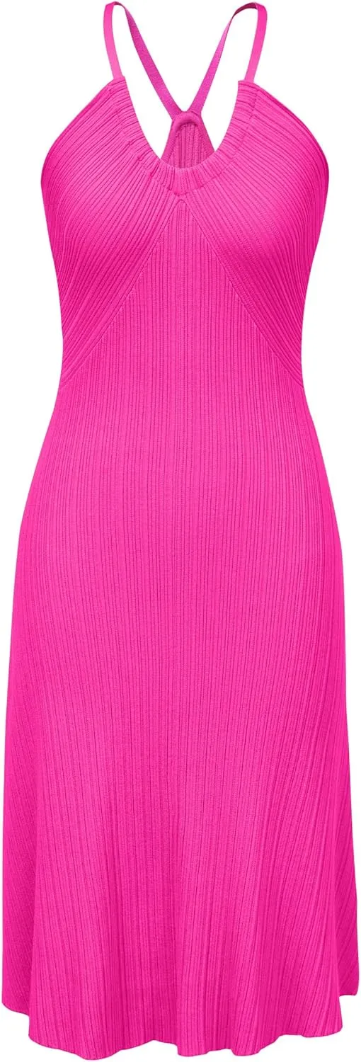 Arach&Cloz Women's Summer Dress 2025 Halter V Neck Sleeveless Ribbed Knit Casual Beach Vacation Outfits Midi Sundress