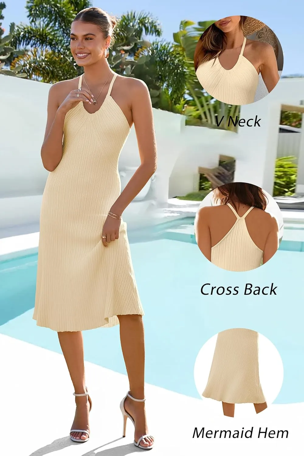 Arach&Cloz Women's Summer Dress 2025 Halter V Neck Sleeveless Ribbed Knit Casual Beach Vacation Outfits Midi Sundress