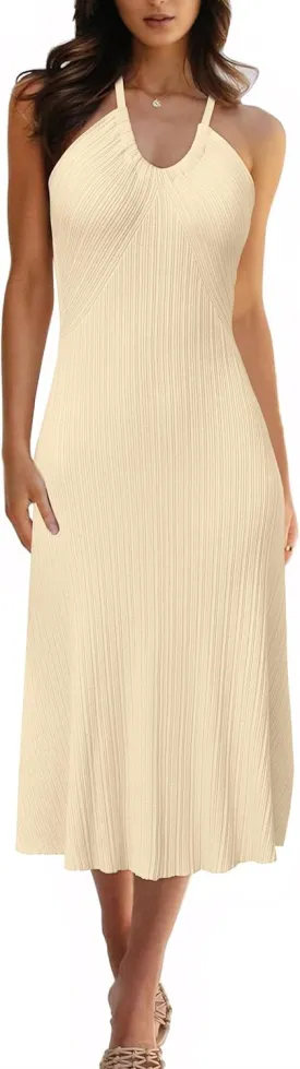 Arach&Cloz Women's Summer Dress 2025 Halter V Neck Sleeveless Ribbed Knit Casual Beach Vacation Outfits Midi Sundress