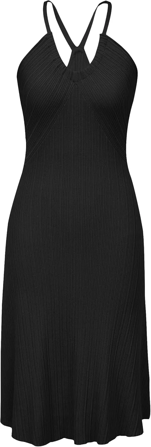 Arach&Cloz Women's Summer Dress 2025 Halter V Neck Sleeveless Ribbed Knit Casual Beach Vacation Outfits Midi Sundress