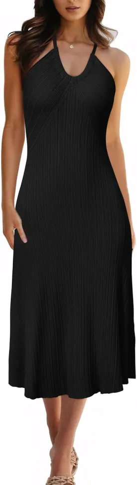 Arach&Cloz Women's Summer Dress 2025 Halter V Neck Sleeveless Ribbed Knit Casual Beach Vacation Outfits Midi Sundress