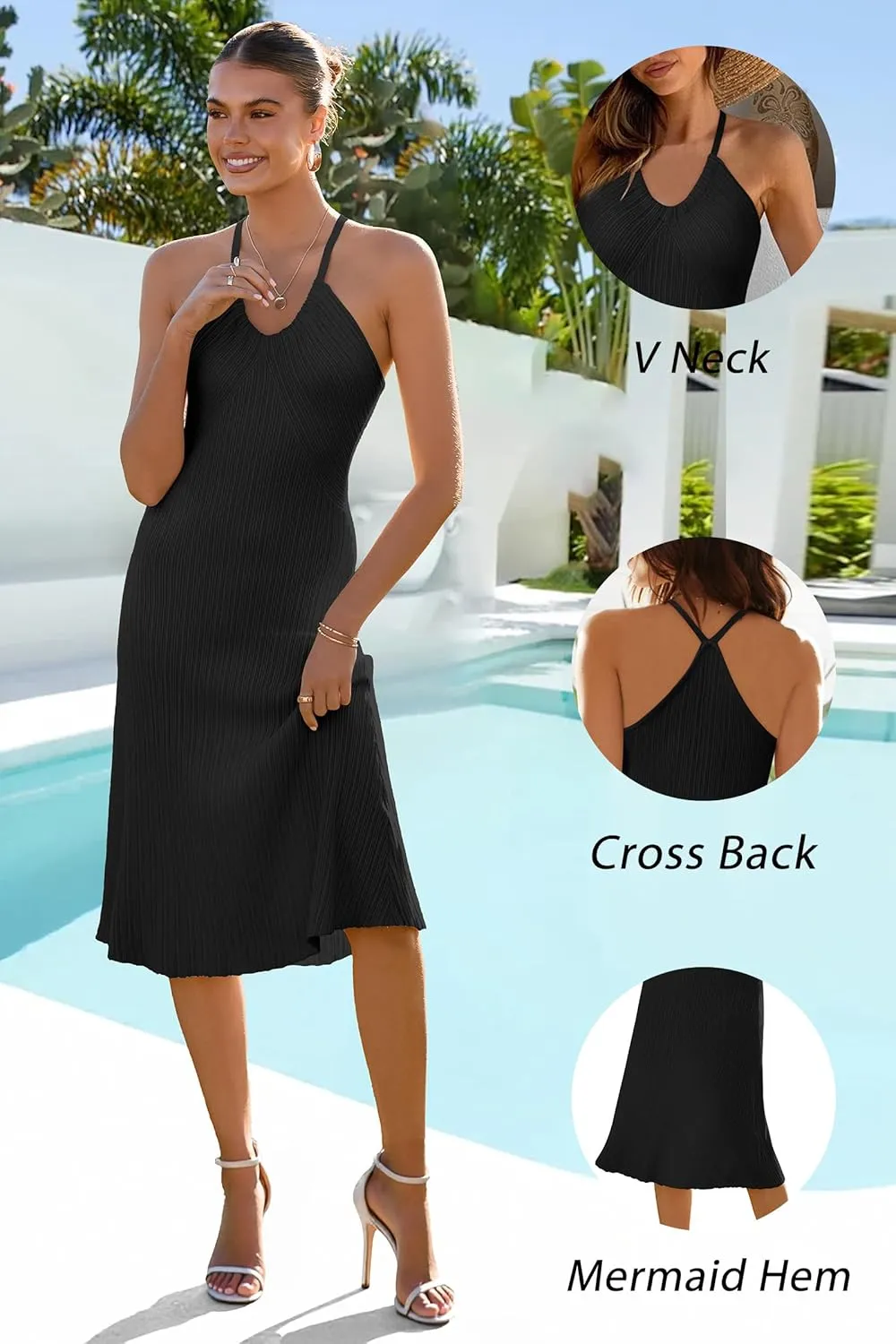 Arach&Cloz Women's Summer Dress 2025 Halter V Neck Sleeveless Ribbed Knit Casual Beach Vacation Outfits Midi Sundress