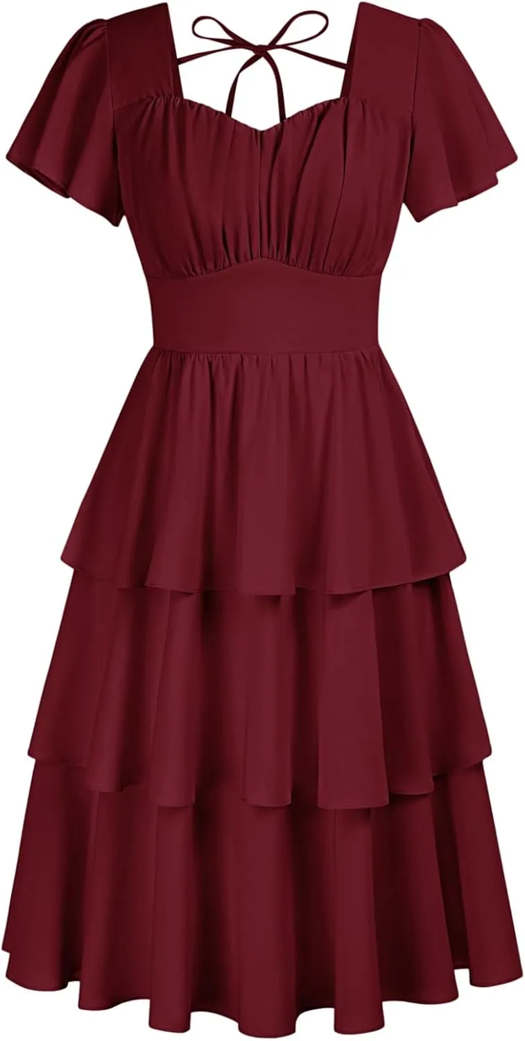 Belle Poque Women's Square Neck Tiered Ruffle Dress 2025 Summer Vintage Short Sleeve Layered A-line Swing Midi Dress