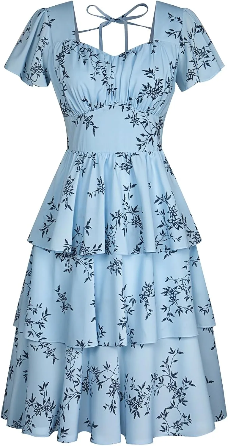 Belle Poque Women's Square Neck Tiered Ruffle Dress 2025 Summer Vintage Short Sleeve Layered A-line Swing Midi Dress