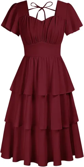 Belle Poque Women's Square Neck Tiered Ruffle Dress 2025 Summer Vintage Short Sleeve Layered A-line Swing Midi Dress