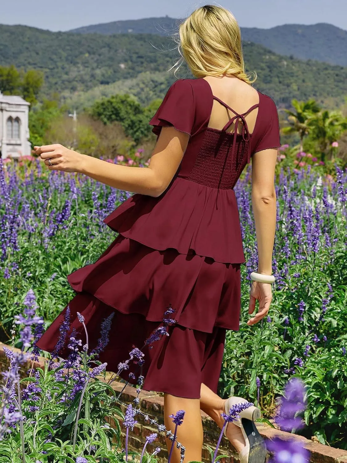 Belle Poque Women's Square Neck Tiered Ruffle Dress 2025 Summer Vintage Short Sleeve Layered A-line Swing Midi Dress
