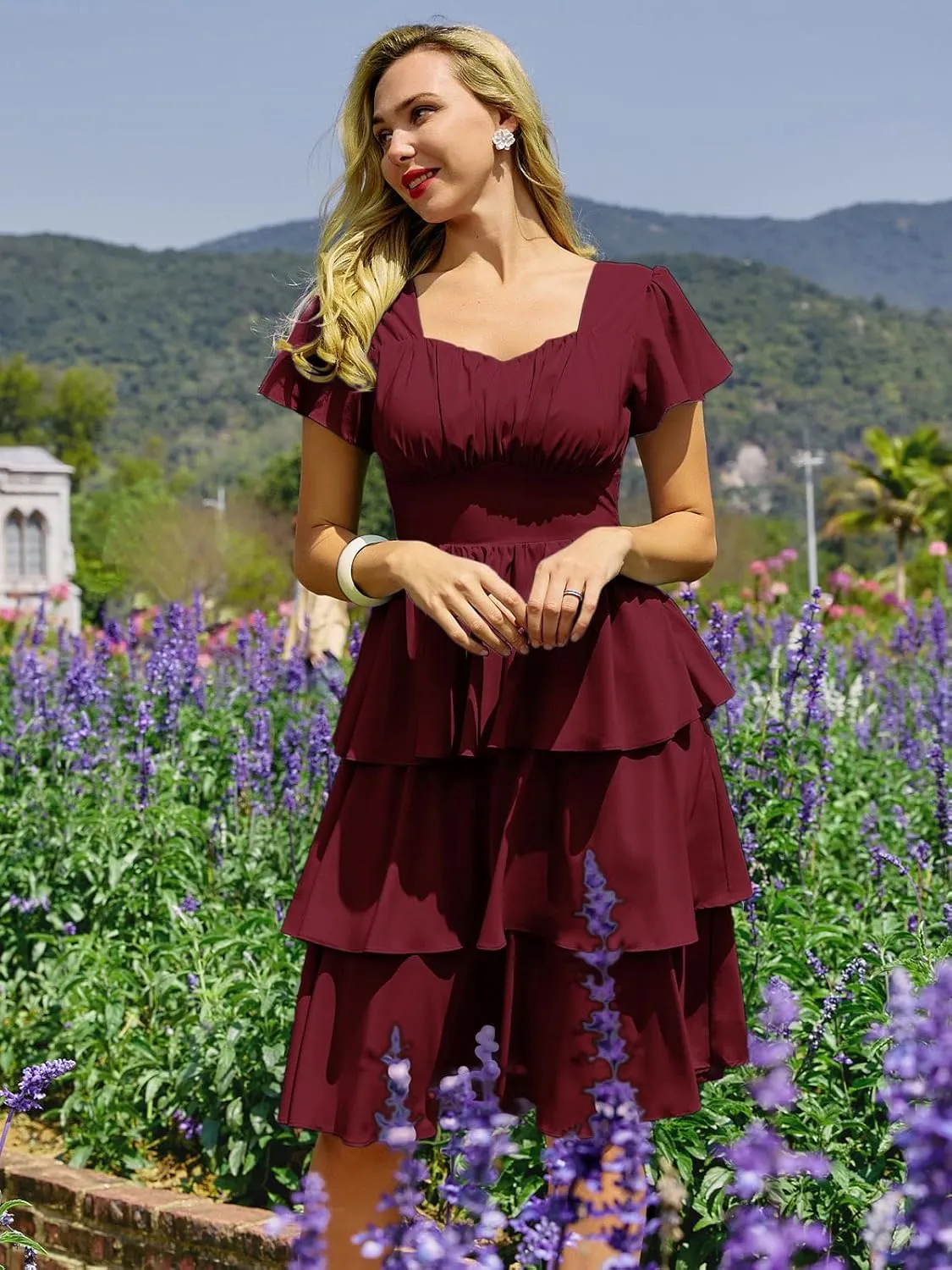 Belle Poque Women's Square Neck Tiered Ruffle Dress 2025 Summer Vintage Short Sleeve Layered A-line Swing Midi Dress