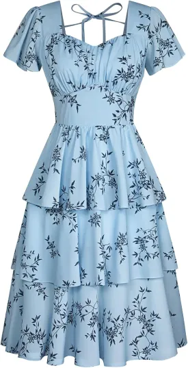 Belle Poque Women's Square Neck Tiered Ruffle Dress 2025 Summer Vintage Short Sleeve Layered A-line Swing Midi Dress