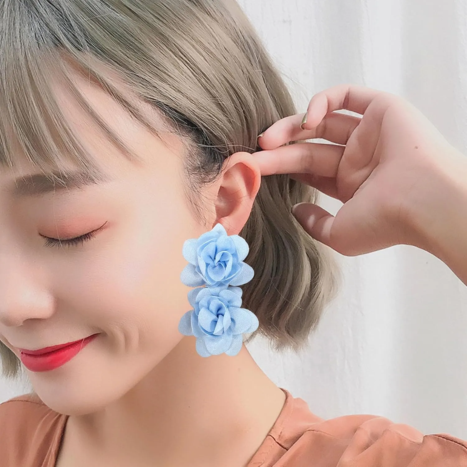 Big Flower Drop Earrings for Women Long Fabric Floral Dangle Earrings Bohemian Exaggerated Statement