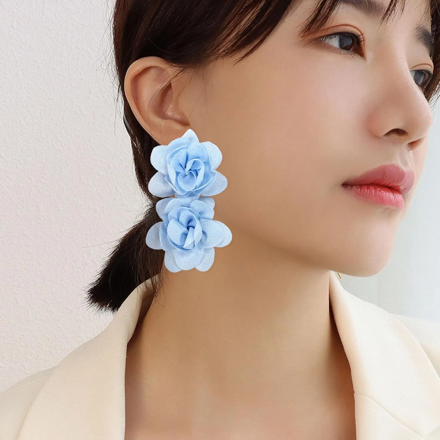 Big Flower Drop Earrings for Women Long Fabric Floral Dangle Earrings Bohemian Exaggerated Statement