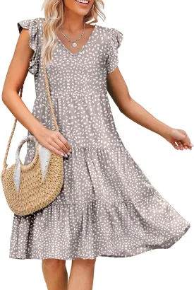 Caracilia Womens Summer Ruffle Sleeve V Neck Midi Dress Flowy Boho Casual A-Line Tiered Knee Length Beach Vacation Sundress
