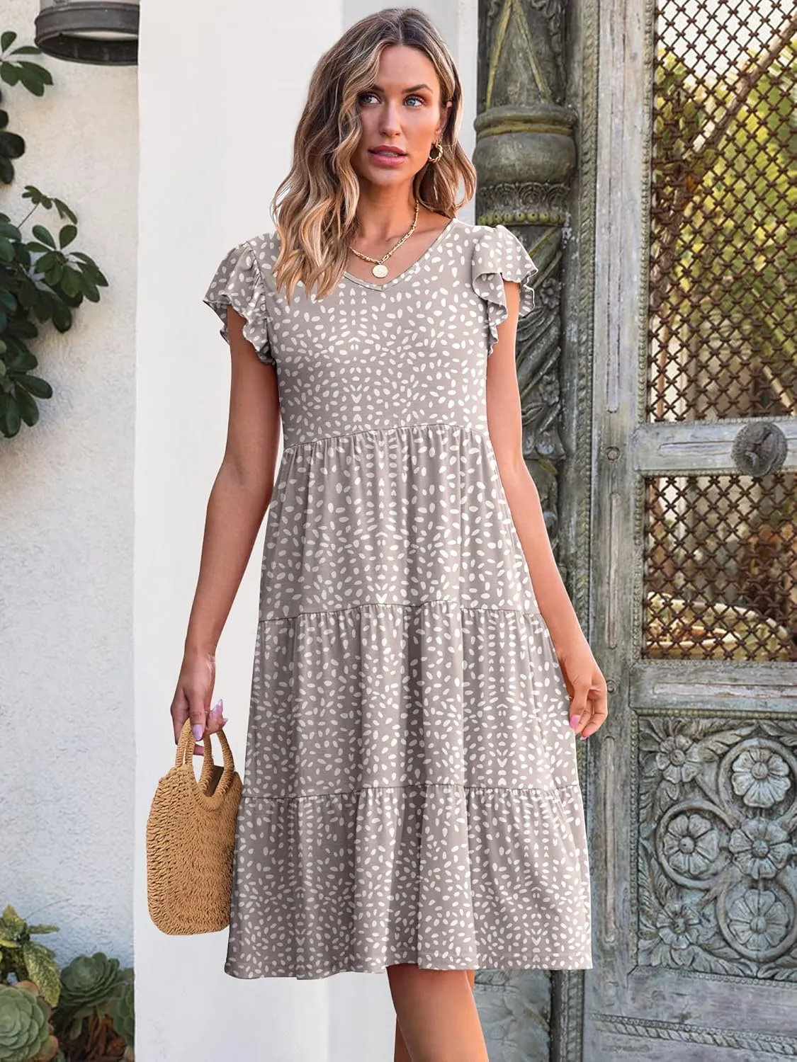 Caracilia Womens Summer Ruffle Sleeve V Neck Midi Dress Flowy Boho Casual A-Line Tiered Knee Length Beach Vacation Sundress