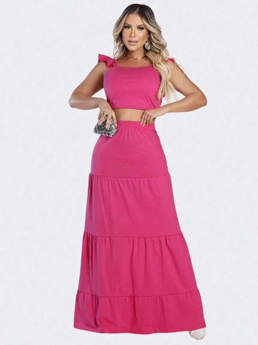 Conjunto Saia Longa com Cropped Cores Sólidas