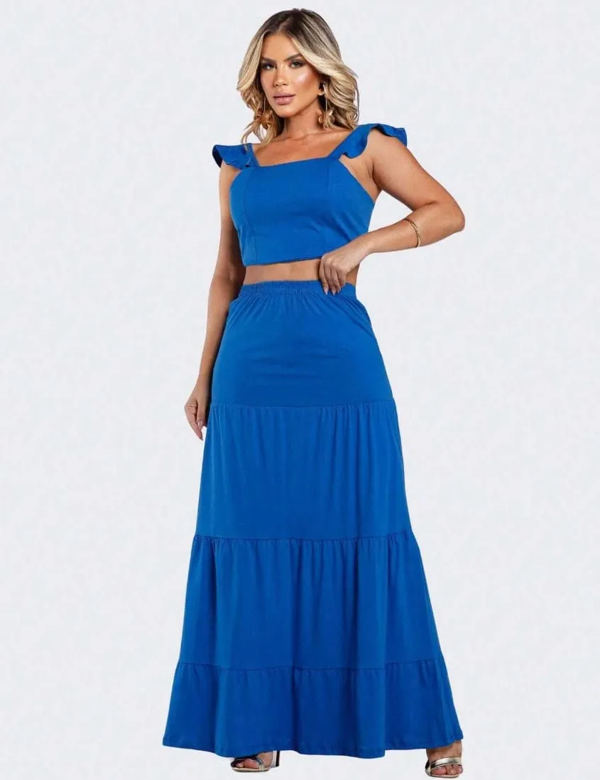 Conjunto Saia Longa com Cropped Cores Sólidas