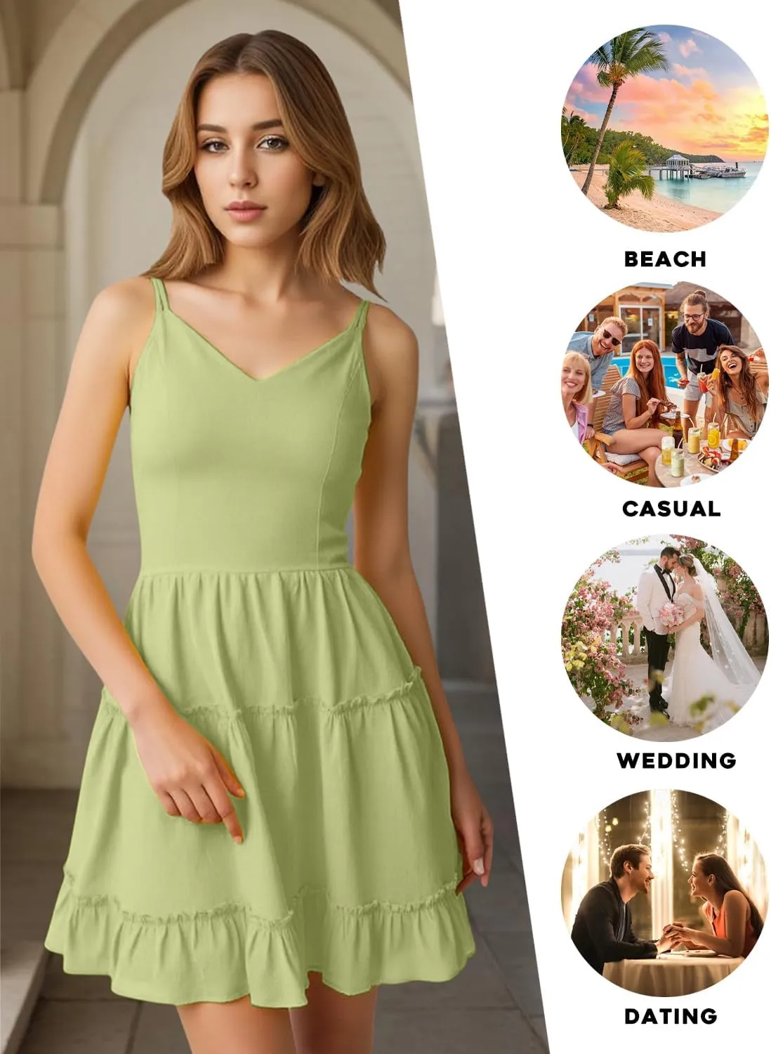 FANCYINN Women Floral Casual Tiered Mini Dresses Spaghetti Strap V Neck Backless A Line Swing Short Dress with Pockets