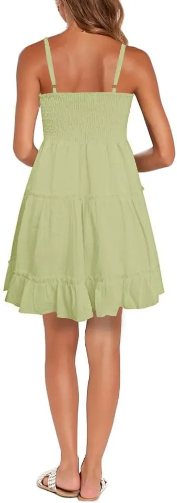 FANCYINN Women Floral Casual Tiered Mini Dresses Spaghetti Strap V Neck Backless A Line Swing Short Dress with Pockets