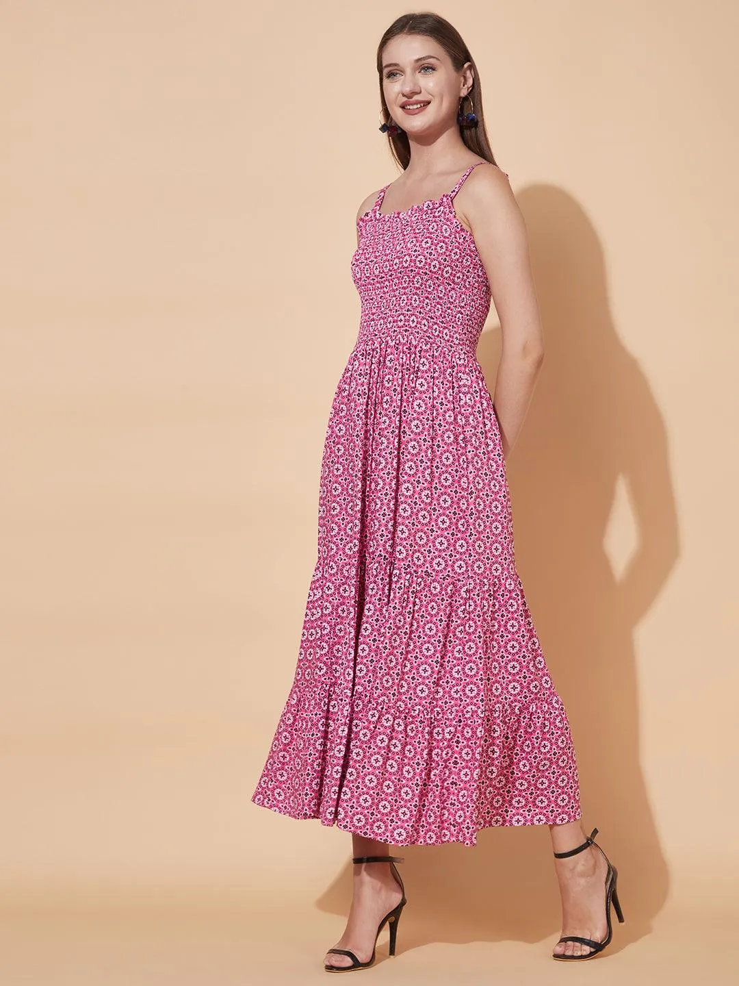 Floral Printed Tiered Flared Maxi Dress - Pink