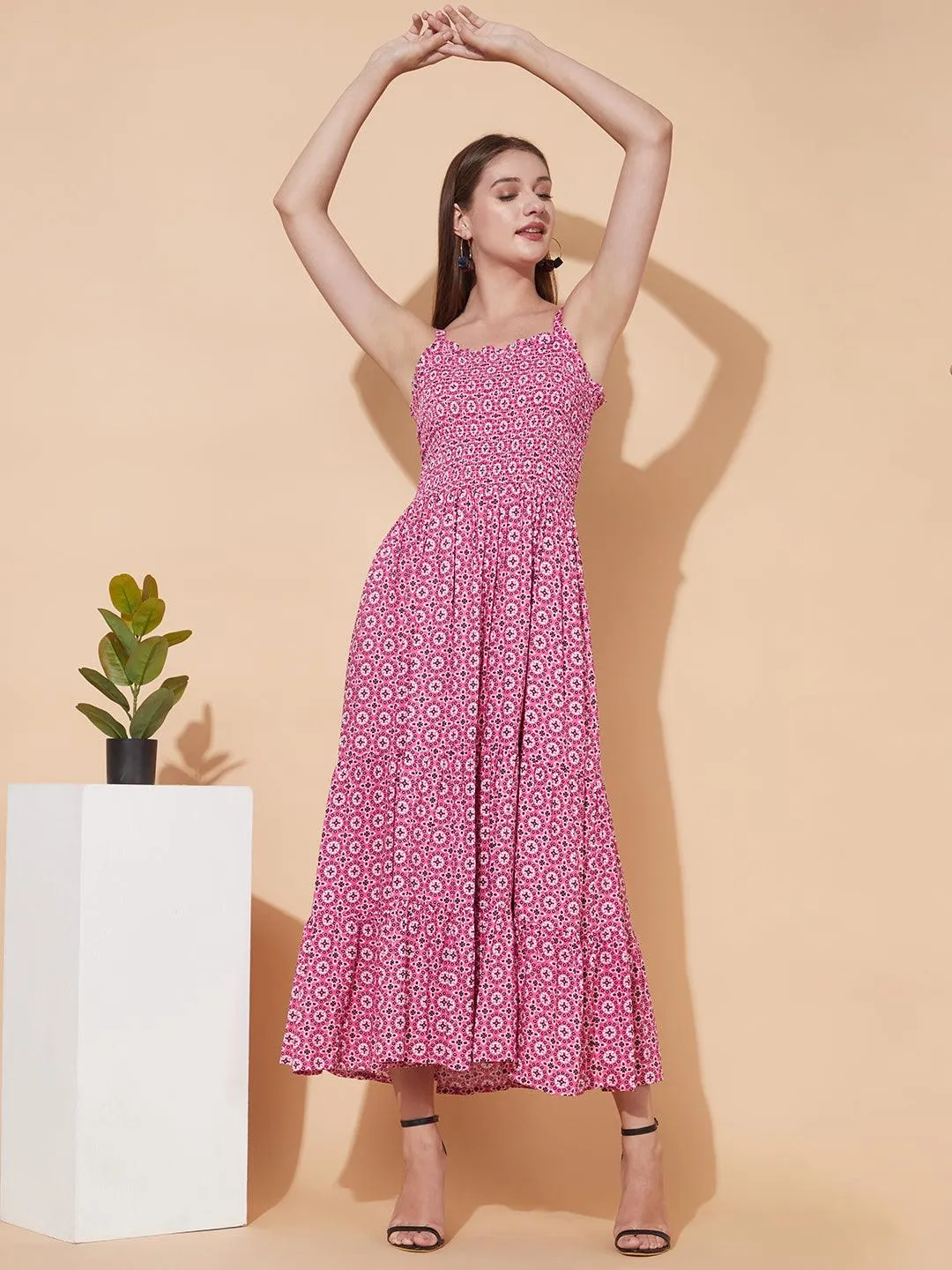 Floral Printed Tiered Flared Maxi Dress - Pink