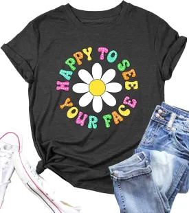 Happy to See Your Face Shirt: Women Funny Teacher T-Shirt First Day of School Shirts Groovy Back to School Tee Top