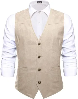 Hi-Tie Suede Leather Vest for Men Western Cowboy Vest Slim Fit Sleeveless V Neck Waistcoat Casual