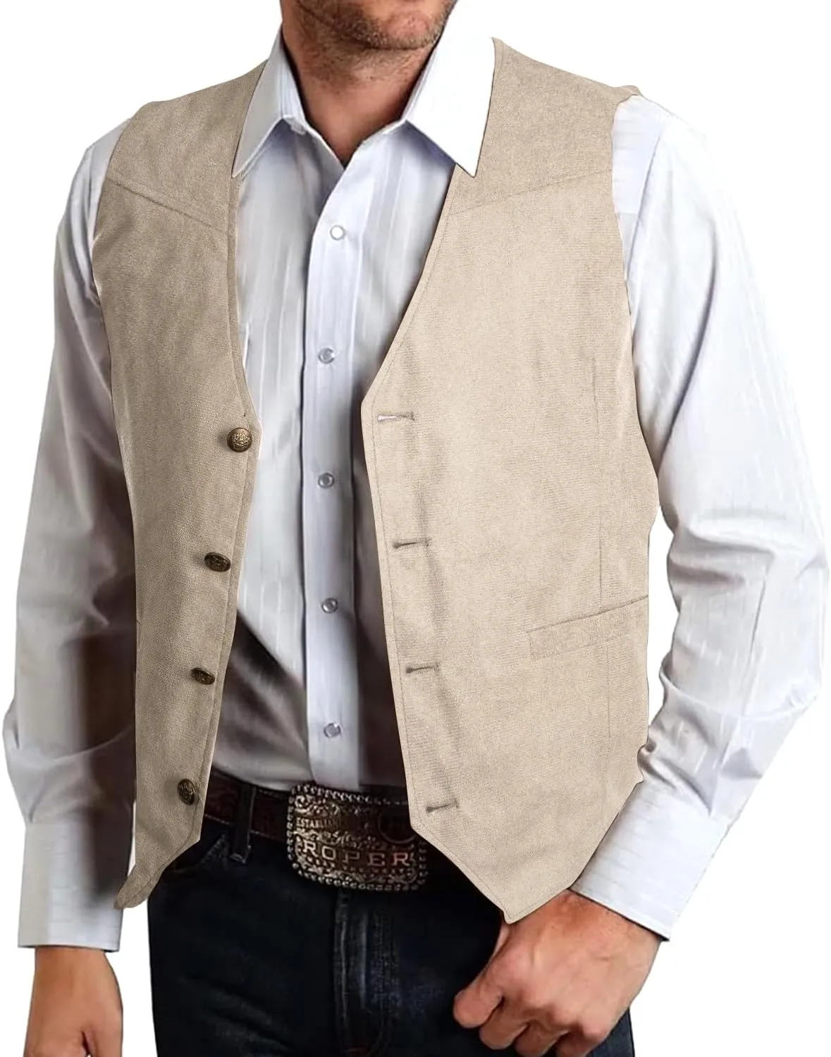 Hi-Tie Suede Leather Vest for Men Western Cowboy Vest Slim Fit Sleeveless V Neck Waistcoat Casual