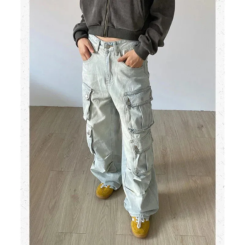 Hip Hop High Waist Wide Leg Denim Pants - Blue