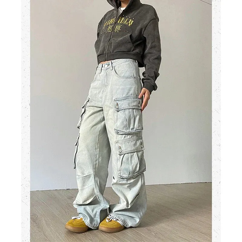 Hip Hop High Waist Wide Leg Denim Pants - Blue