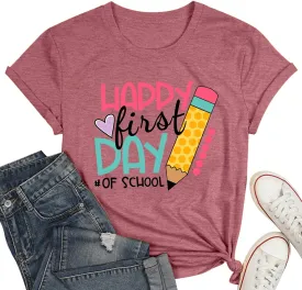 hohololo Happy First Day of School Shirt Women Teacher Gift Shirts Appreciation T-Shirt Back to School Tee Top