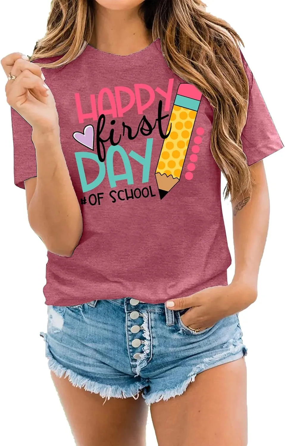 hohololo Happy First Day of School Shirt Women Teacher Gift Shirts Appreciation T-Shirt Back to School Tee Top