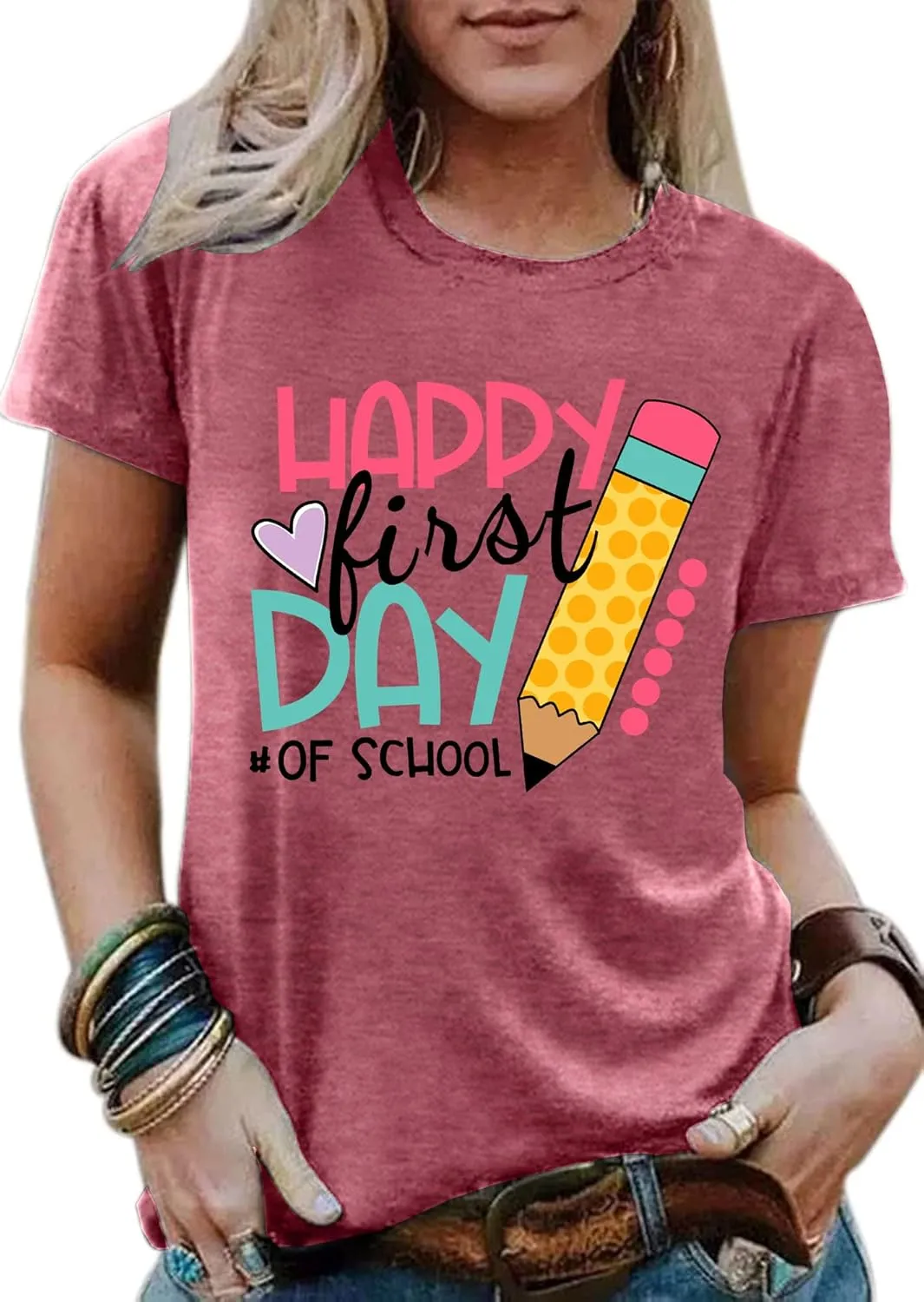 hohololo Happy First Day of School Shirt Women Teacher Gift Shirts Appreciation T-Shirt Back to School Tee Top