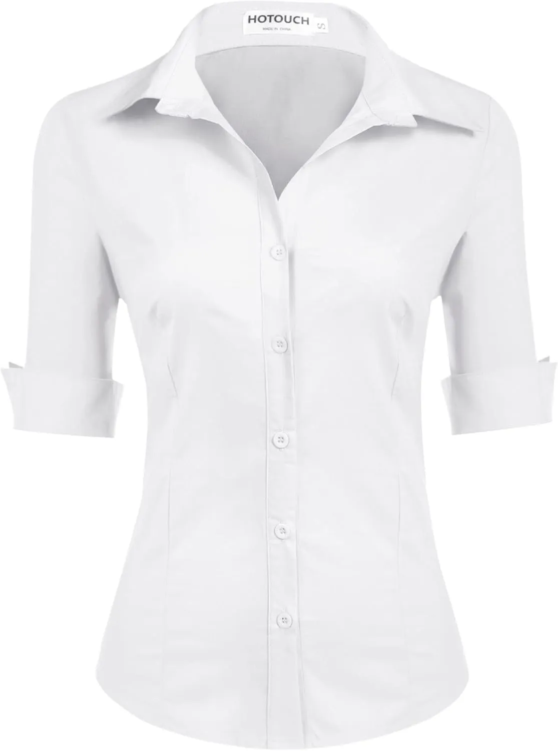 HOTOUCH Womens 3/4 Sleeve Button Down Shirt Slim Fit Work Blouses Cotton Dress Shirts Office Tops