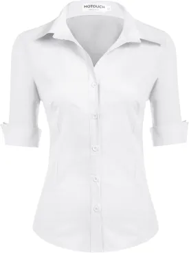 HOTOUCH Womens 3/4 Sleeve Button Down Shirt Slim Fit Work Blouses Cotton Dress Shirts Office Tops