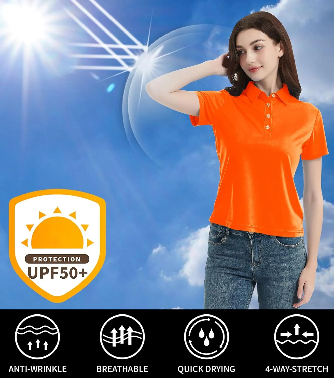 Idtswch Women's Polo Shirts UPF 50  Casual Work Quick Dry 4 Buttons Short Sleeve Collared Golf Shirt XS-3XL