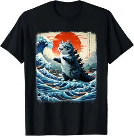 Japanese Cat Company Unisex-Adults Catzilla Cat Japanese Art Funny Cat Adventure T-Shirt, Black, Small, Short Sleeve