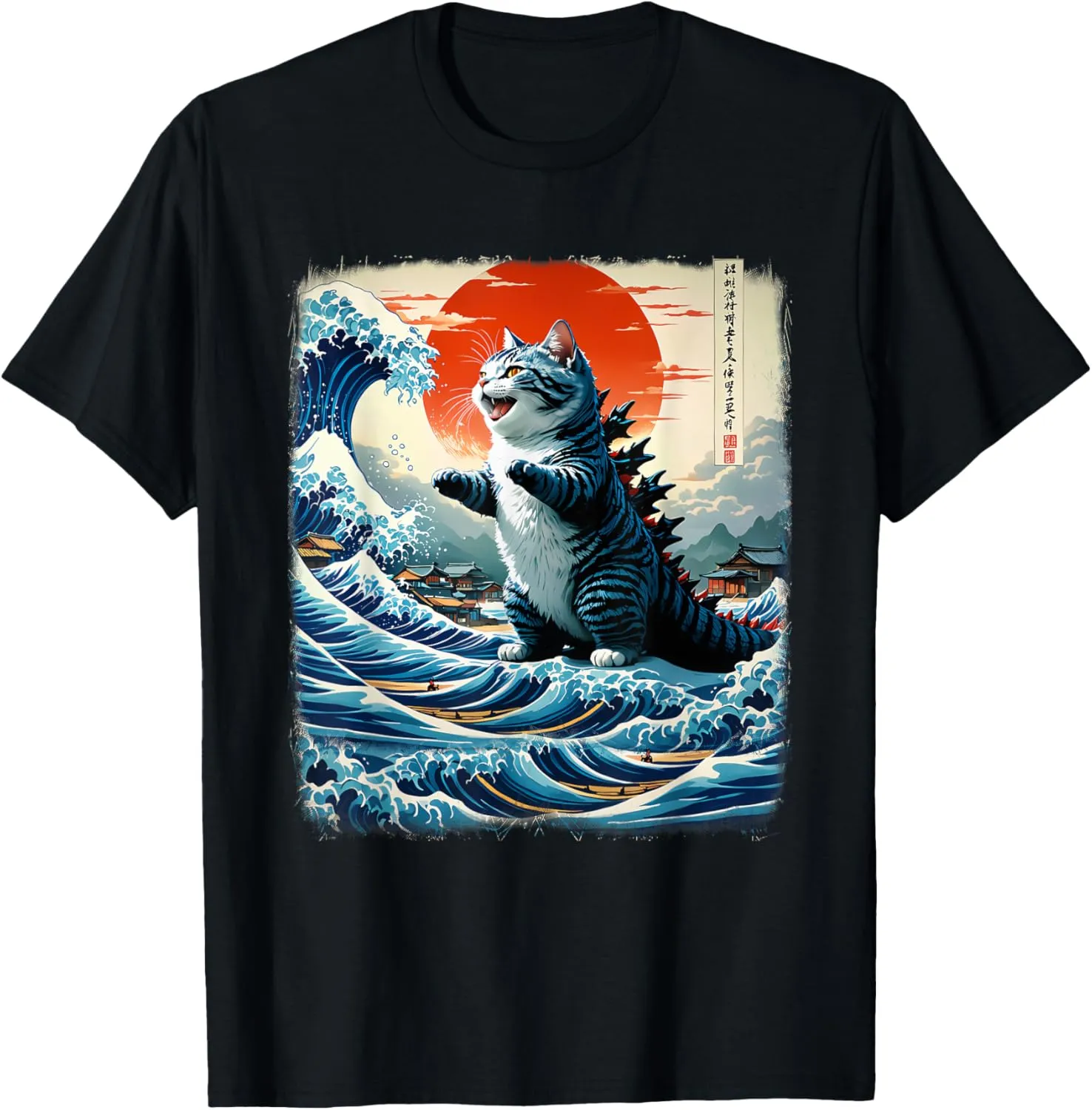 Japanese Cat Company Unisex-Adults Catzilla Cat Japanese Art Funny Cat Adventure T-Shirt, Black, Small, Short Sleeve