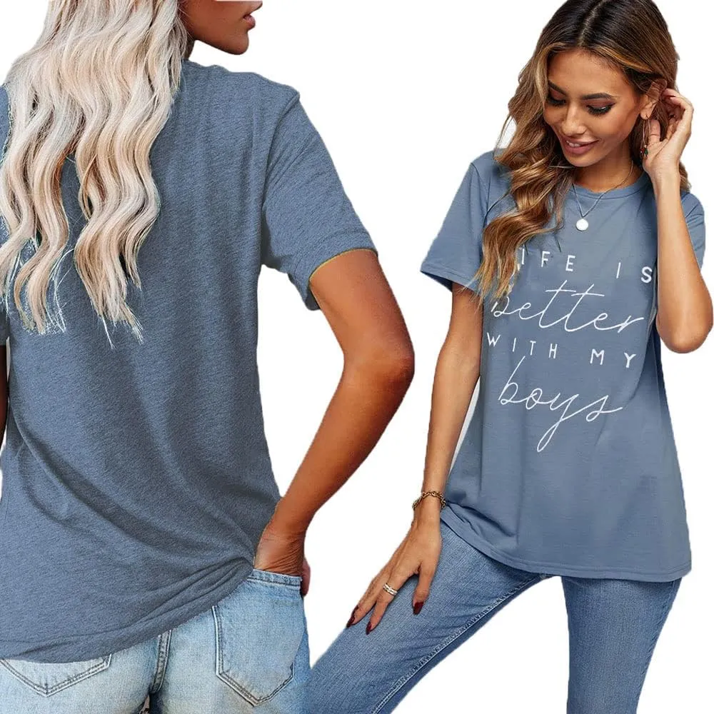 Life is Better with My Boys Women Funny Mom Gift Shirts Graphic Summer Short Athletic Casual Workout Tops